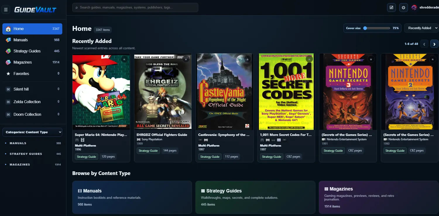 GuideVault home library screenshot